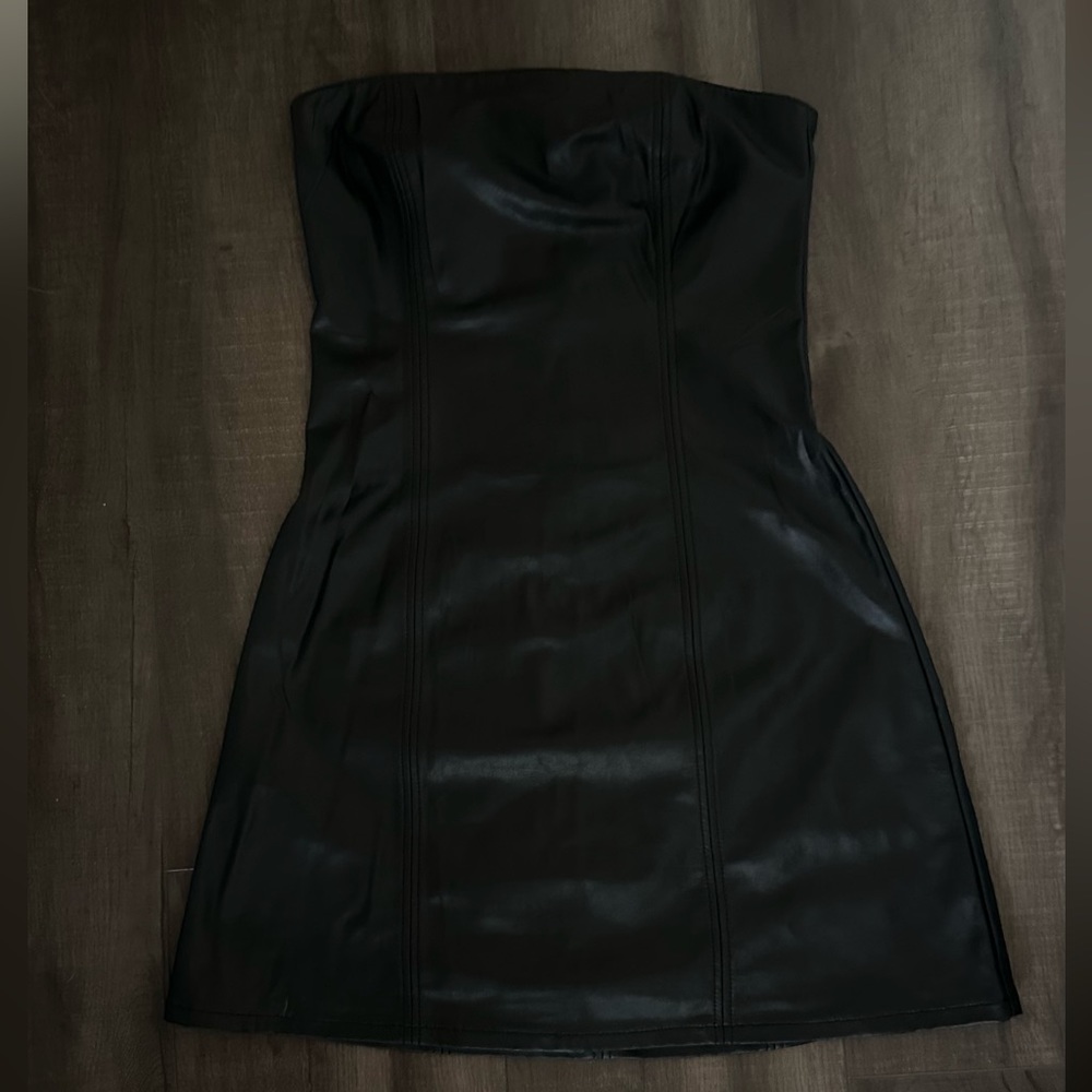H&M black faux leather strapless dress